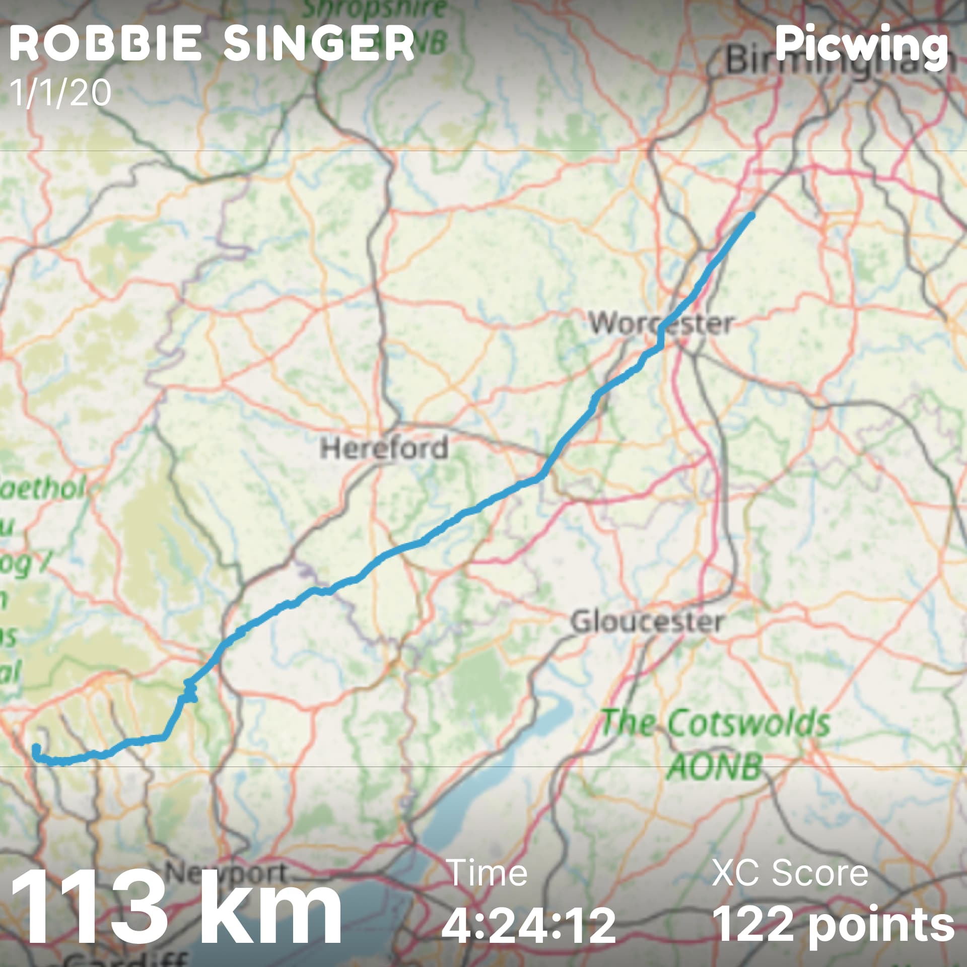 example output from application. A map with the flight visualised on top. Around the edges are statistics from the flight